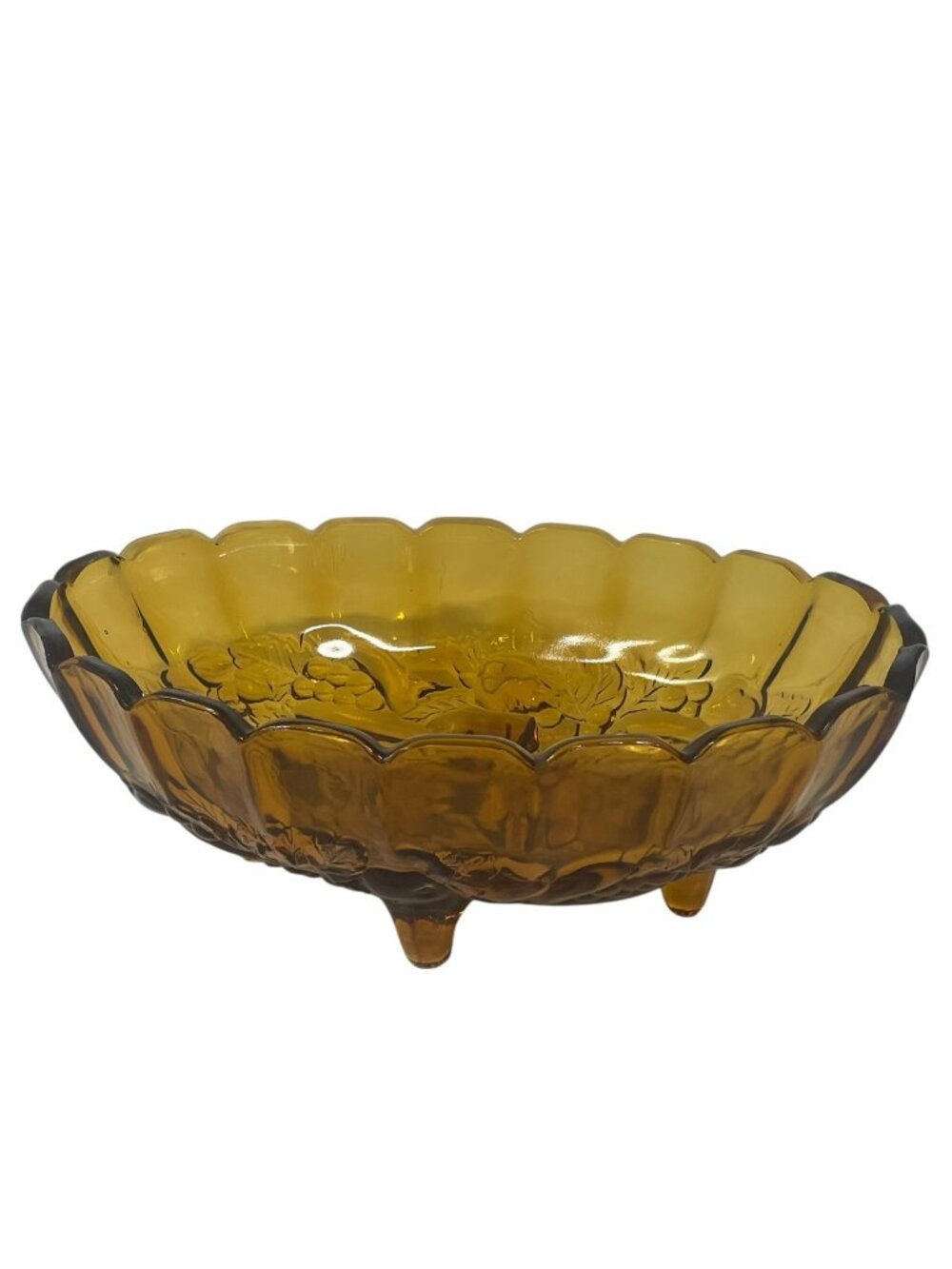 Indiana Amber Glass Footed Fruit Bowl Scalloped Edge Grape & Leaf Pattern